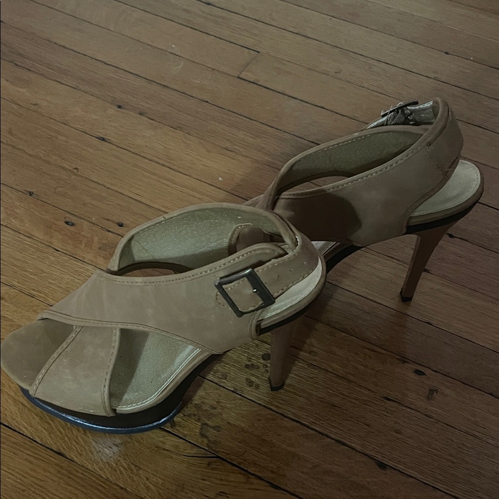 Qupid Tan Peep-Toe Heels